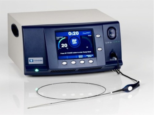 Figure 3 Image of the Closure Fast™ catheter (ClosureFAST, Covidien, Dublin, Ireland) connected to the Venefit™ Generator.