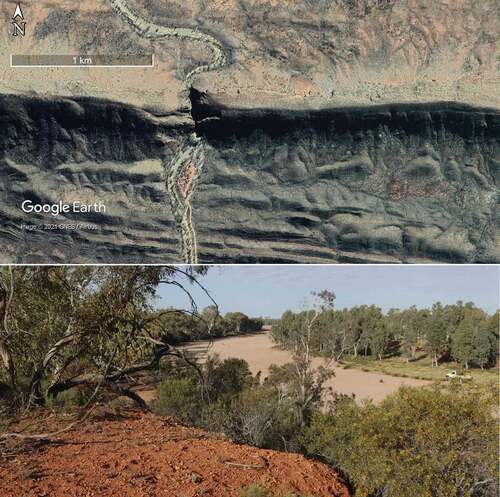 Figure 9. Sand-bed rivers of the Central Australian Uplands landscape zone. Top: The trunk river flowing north to south cuts across the dominantly east-west trend of the topography, forming a gorge-type waterhole (Ellery Creek Big Hole, −23.78°, 133.07°). Bottom: A valley margin of duricrust-capped Mesozoic rock (left foreground) overlooks the white sandy channel of the Finke River (−24.85° 133.48). Vehicle for scale, on sandy floodplain (centre right).