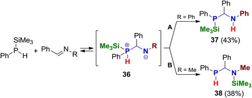 Scheme 23. Reaction of PhP(H)SiMe3 with N-benzylideneaniline or N-benzylidenemethylamine.[Citation92]