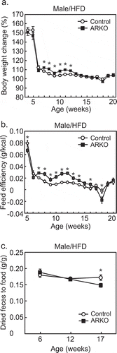Figure 1. Effects of androgen receptor knockout (ARKO) on body weight gain, feed efficiency, and digestive efficiency in male mice fed a high-fat diet (HFD). Mice were fed an HFD up to 20-weeks of age, as previously described.Citation27 (a) Changes in body weight (%) and (b) feed efficiency (body weight gain/food intake) were determined once a week (control, n = 16; ARKO, n = 19). (c) Digestive efficiency (dried fecal weight/food intake) was determined at 6, 12, and 17 weeks (n = 11). Data were expressed as mean ± SEM, and the threshold for statistical significance was set at p < .05, *.