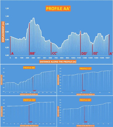 Figure 8. Displacements obtained along the profile and cross-sections.