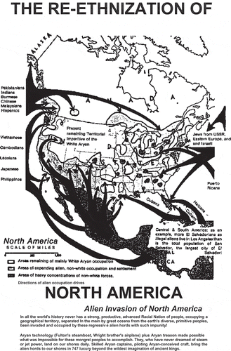 Figure 5. ‘White Supremacist Map’.Source: Miles (Citationn.d.) The Birth of a Nation: Declaration of the Existence of a Racial Nation within Confines of Hostile Political State. Cohoctah, MI: Mountain Church