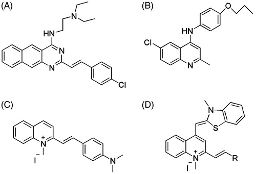 Figure 1. Structures of zantrin Z3, quinoline derivative, quinolinium derivative, and 3-methylbenzo[d]thiazol-methylquinolinium derivatives.