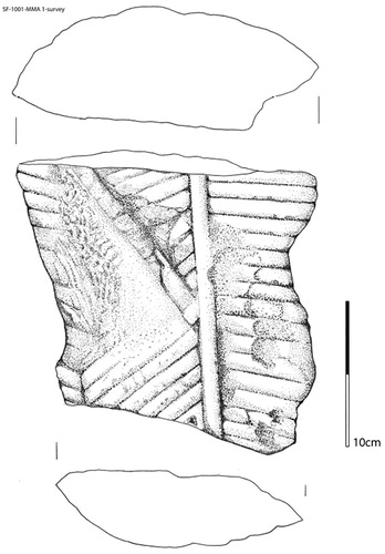 Figure 10. The stone fragment of a statue found at MMA 1. Drawing by Bogumil Pilarski.