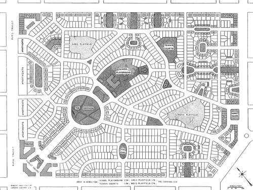 Figure 1 Schematic of a neighborhood unit for modest dwellings. Source: Perry, 1929/1974, p. 36. (© Regional Plan Association; image used with permission.)