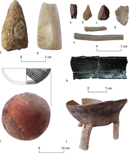 Figure 8. Troumassoid and Suazoid material culture. (a–c) Lithic flakes of red and yellow jasper; (d) flake of chalcedony; (e) coral tools (Porites porites); (f) axe blade made from St. Martin greenstone; (g) shell adze (Aliger gigas); (h) blackened pottery sherds from mangrove sediment; (i) Calivigny painted pottery vessel; and (j) Suazoid tri-legged cooking vessel (Sala et al. Citation2014; Photos and figure by Menno Hoogland).