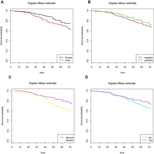 Figure 1 Kaplan–Meier survival function curves of hypertension patients. (A) Gender of patient. (B) Family history of hypertension. (C) Cholesterol level. (D) Diabetes mellitus.