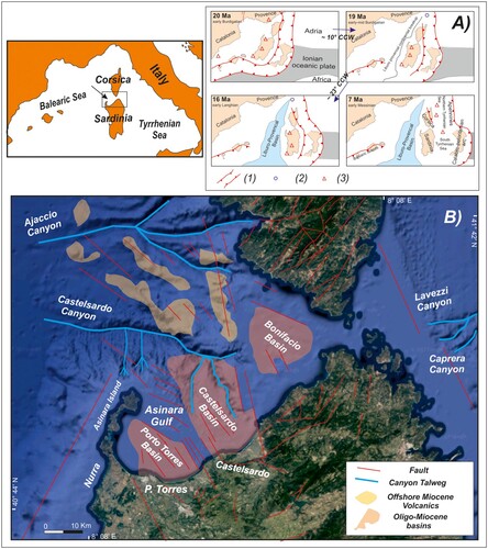 Figure 1. (A) Tectonic evolution of the central-western Mediterranean, from 20 to 7 Ma. The 10° and 23° CCW rotations of the Corso–Sardinian block is represented using as reference the fixed European block. Legend: (1) Alpine wedge; (2) pole for the Corsica–Sardinia rotation; (3) arc-related volcanics (e.g. CitationBeccaluva et al., 1985; CitationLonergan & White, 1997; CitationSerri et al., 1993 and references therein). The 20 Ma Corse–Sardinia position is inferred from CitationGattacceca (2001) (modified by CitationSperanza et al., 2002). (B) Simplified sketch of the northern Sardinia margin showing the two main Oligocene–Miocene offshore basins and the associated faults (modified based on the work of CitationThomas & Gennesseaux, 1986). The draft of offshore Miocene volcanism from the south-western Corsica margin has been adapted from CitationRollet et al. (2002).