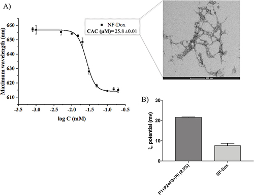 Figure 6 (A) reports the CAC and TEM image of nanofibers NF-Dox. (B) compares the zeta potential of nanofibers P1+P2+P3+P6 (2.5%) and NF-Dox.
