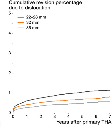 Figure 1. Crude cumulative hazard of revision due to dislocation, according to head diameter, in non-MoM THA in patients with osteoarthritis in the Netherlands in the period 2007–2015 (n = 166,231).