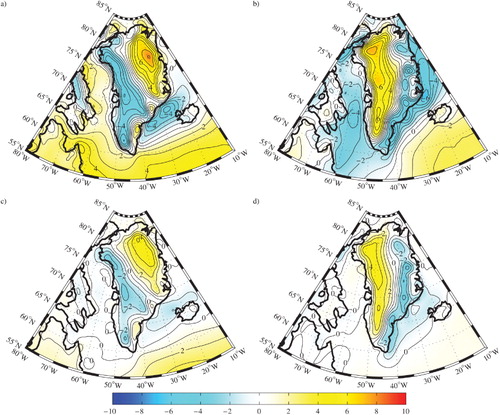 Fig. 3 The ERA-I winter mean (DJF): (a) zonal component and (b) meridional component of the 10 m wind (contours and shading – m/s) fields; the summer mean (JJA) (c) zonal component; and (d) meridional component of the 10 m wind (contours and shading – m/s) fields.