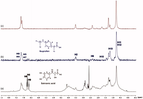 Figure 12. (a) 1H NMR reference spectrum of the complex salvianic acid (2 mM) – BSA (50 μΜ), including ibuprofen 2 mM, in PBS buffer 10 mM, pH = 7.4 with 600 μL D2O. STD difference NMR spectrum of the complex salvianic acid–BSA, including: (b) 2 mM ibuprofen, (c) 4 mM ibuprofen (details for the protons of salvianic acid in Supplementary Figure S6 and for ibuprofen in Supplementary Figure S14).
