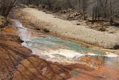 Tar Creek after its convergence with water from the mine shaft and Lytle Creek. Tar Creek flows a rusty orange-red and the banks are lined with chat deposits. Credit: Clifton Adcock.