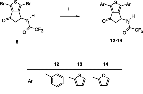 Scheme 2 Synthesis of compounds 12–14. Reagents: (i) ArB(OH)2, PdCl2(dppf), TEA, DMF.