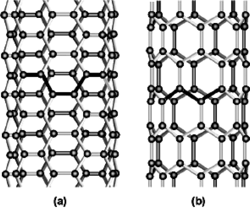 Figure 3. Illustrations of the atomic structure of (a) an armchair and (b) a ziz-zag nanotube. Reprinted from reference [Citation4].