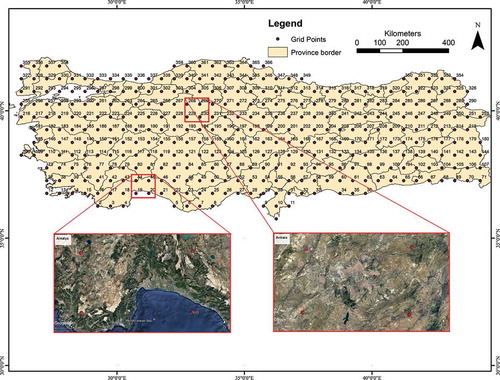 Figure 1. Location of the selected grid points near the cities of Antalya and Ankara, Turkey