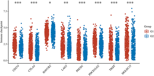 Figure 5. Expression of immune checkpoint related genes in high-risk and low-risk groups. the expression trend of immune checkpoint related genes was higher in the high-risk group. *P<.05, **P<.01, ***P<.001.