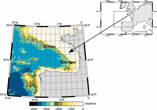 Figure 1. The black square indicates the location of the study area. This area is an embayment within the eastern North Atlantic Ocean, which is represented in the bathymetry map of the Bay of Biscay with the buoys used in this work shown as red dots.