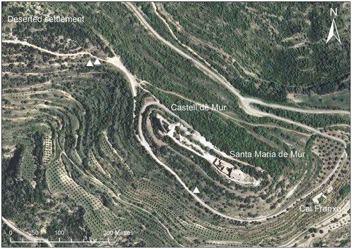 Figure 10. Castell de Mur. The steep flanks of this mountainous ridge are covered in step contour terraces and braided terraces, with patches of recently planted olives. The white triangles indicate sites sampled for luminescence profiling. (Photo: © Institut Cartogràfic i Geològic de Catalunya, August 2015. http://www.icc.cat/vissir/).