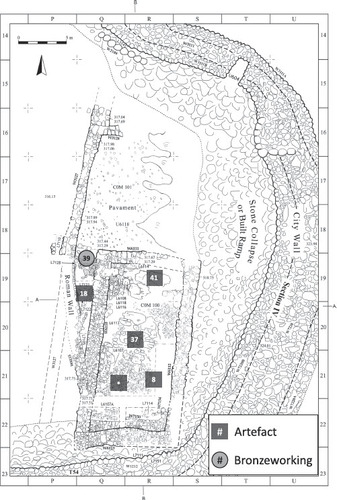 Fig. 10: Plan of Area A3, Stratum II (Iron 1), showing location of metal artefacts (numbers refer to Cat. Nos. in Table 1; *refers to bronze head [Cohen Citation2012]; illustration by Sapir Haad)
