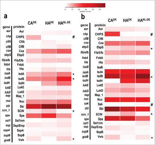 Figure 4. Heat map analysis of quantified extracellular virulence factors. The normalized spectral counts of known extracellular virulence factors identified by Mass Spectrometry in growth media of the 3 groups of isolates are graphically represented as colored heat maps. Each heat map includes 3 columns representing each of the 3 groups of the isolates. Of note, each column of CADK and HADK isolates is based on the average of 6 different isolates each analyzed in duplicate, and the HANL-DE column is based on the average of 3 different isolates each analyzed in duplicate. Each row represents a particular protein. Panels (a) and (b) represent known virulence factors of S. aureus as identified in the growth medium fractions of cells in the exponential and stationary growth phases, respectively. *Statistically significant differences in relative abundance of the proteins marked between the groups; # Proteins present in one group of isolates only.