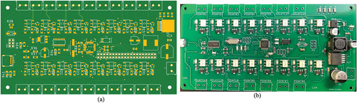 Figure 5. (A) Designed and (b) assembled versions of the manufactured printed circuit board for the proposed system.