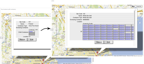 Fig. 4.  Two consecutive screen shots depicting the recursive geometric localization of specimens. The curved arrow represents the flow of screens when the link in the top row of the Freezer is clicked in the figure on the left. This gives a 9×9 matrix corresponding to the vial slots in the white box. This allows for accountability of specimen locations arose the global biorepository. An annotated version from video screen capture is available from http://floorbiorepository.org/resources/Locations.mp4.