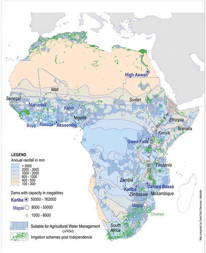 Figure 4. Post-independence major dams and irrigation schemes and area suitable for agricultural water management (map compiled by the authors from Appendix 6 and You et al. (Citation2011)).