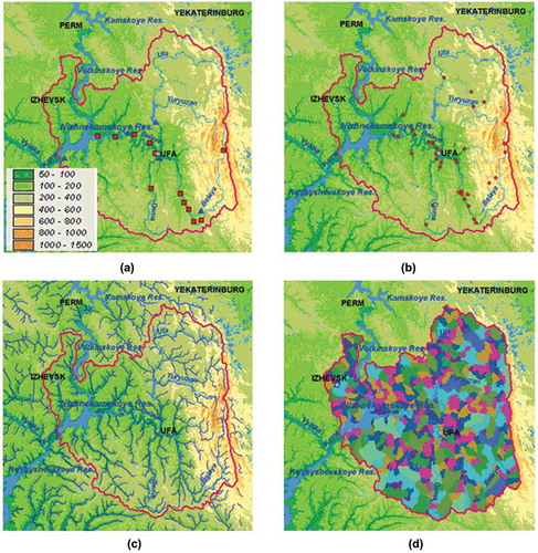 Figure 4. Location of monitoring gauges and maps used for the model set-up for the Nizhnekamskoe Reservoir basin: (a) digital elevation model (DEM), hydrological gauges (triangles) and points of wastewater discharge (squares); (b) hydrochemical monitoring gauges; (c) schematization of the river network; and (d) sub-basins delineated based on the DEM.