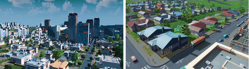 Figure 1. Lacking historic preservation and variation in architectural styles, in C: S the city center (left) can feel just as generic as the suburbs (right). (Source: Paradox Interactive.) (Color figure available online.)