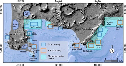 Figure 2. A. Map of the study area with the distribution of the different surveys carried out along each coastal sector with archaeological structures.