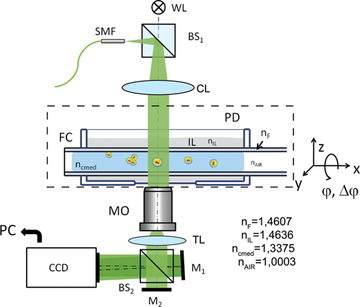 Figure 3 The self-interference Digital Holographic Microscope with the rotary fiber holder setup. WL—white light source, SMF—single mode fiber, CL—condenser lens, BS—beamsplitter, PD—Petri dish, IL—immersion liquid, FC—fiber capillary, MO—microscopic objective, M—mirrors.