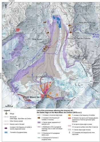 Figure 3. Extract of the general map of the climate-related processes affecting mountaineering itineraries: the Cheilon glacier area (Hérémence valley). Twelve processes are affecting the itinerary 62, the ‘Gallet ridge’ on the Mont Blanc de Cheilon.