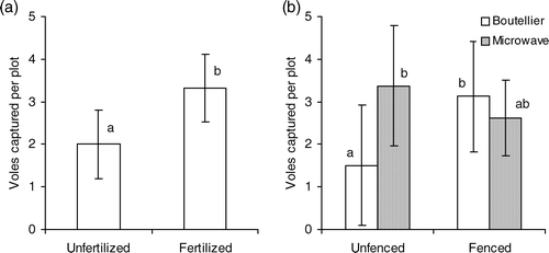 FIGURE 2 The mean number of voles captured per plot and 95% confidence interval during the June trapping session in (a) the fertilized and unfertilized plots and (b) the fenced and unfenced plots at the Boutellier Summit and Microwave Road sites. Columns sharing the same letter are not significantly different (Student's t, P < 0.05).