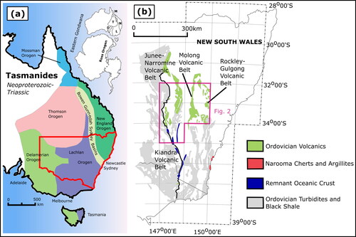 Figure 1. (a) Orogens of the Tasmanides, eastern Australia after Glen (Citation2005, Citation2013) and Zhang et al. (Citation2019) with inset of Eastern Gondwana adapted from Boger and Miller (Citation2004). (b) Simplified geological map of the Macquarie Arc (adapted from Glen et al., Citation2011).