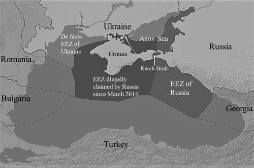 Figure 2. Legal order of the Black Sea region since March 2014, as imposed by Russia.Note: Map prepared by the author based on data from, inter alia, the Lamont-Doherty Earth Observatory of Columbia University. Similar maps, showing the extent of Russia’s de facto maritime jurisdiction areas in the Black Sea and the Sea of Azov, have been published in prominent Russian newspapers. See, for instance, Kolesnichenko (Citation2016).