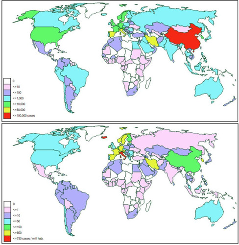 Figure 1 Global Covid-19 point prevalence (top) and incidence per million population (bottom). Data current as of March 17, 2020.
