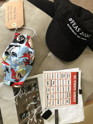 Figure 6. Contents of #FEAS 2020 survival kit, 8 September 2020, Facebook post #FEAS— feminist educators against sexism survival kit for Victorian academics in lockdown, Melbourne Australia. Printed with permission, feminist educators against sexism.