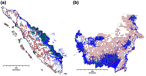 Figure 4. (a) The permanent sample plot (PSP) of NFI data for Sumatra over the Sumatra wetlands; (b) the PSPs of NFI data for Kalimantan over the Kalimantan wetland. The final wetland product is in blue, PSPs with wetland category are in green, and PSPs with non-wetland category (dry-land) are in red.