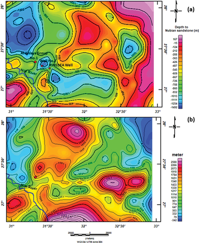 Figure 11. (a) Nubian sandstone aquifer depth map derived from a 2D modelling of aeromagnetic and gravity data. (b) Nubian sandstone aquifer thickness map derived from a 2D modelling of aeromagnetic and gravity data.
