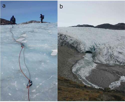 Figure 2. (A) Lightweight and highly portable Groundvue7 ground-penetrating radar, with operator fore of the radar. The radar transmitter, the dipole antenna enclosed within ruggedized tubing, and the glacier-travel safety rope are shown. Note the undulating nature of the ice surface (photo: Neil Ross, April 5, 2015). (B) Ice marginal meltwater portal at Leverett Glacier. Note the surface depression extending up-ice from the portal (photo: Andrew Sole, September 24, 2016)
