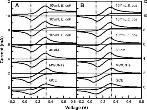 Figure 7 CV plots of the Au(NP)–MWCNT-modified GCE in 0.1 mol L−1 K4[Fe(CN)6] at 0.05 V s−1 for different concentrations of Escherichia coli 104, 105, and 106/mL.Note: (A) 40 nM Au(NP)–MWCNT-modified GCE, and (B) 80 nM Au(NP)–MWCNT-modified GCE.Abbreviations: Au(NPs), Au nanoparticles; GCE, glassy carbon electrode; CV, cyclic voltammetery; MWCNTs, multiwalled carbon nanotubes.