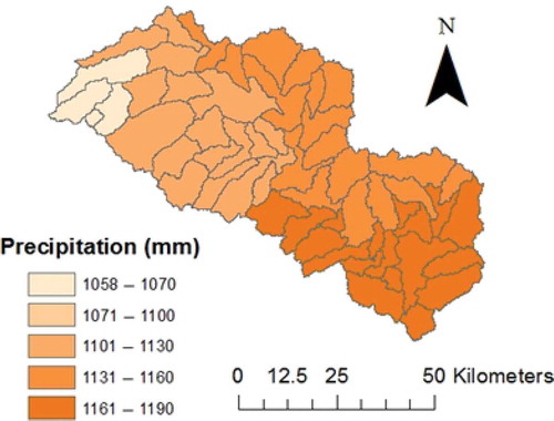 Figure 4. Spatial distribution of precipitation in the Haw River watershed under the baseline scenario (1980–2009).