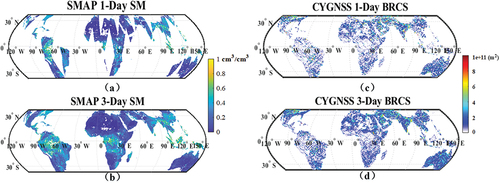 Figure 12. Comparison of data coverage: (a) SMAP 1-day SM, (b) SMAP 3-day SM, (c) CYGNSS 1-day BRCS, and (d) CYGNSS 3-day BRCS.