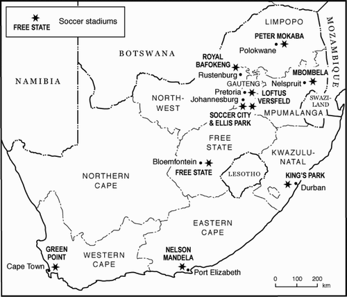 Figure 1: Location of stadiums and host cities for the 2010 World Cup