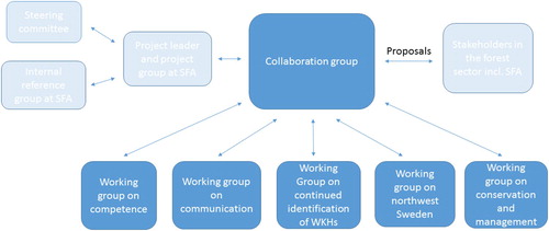 Figure 2. Organization of the collaborative process on woodland key habitats (WKHs). The collaborative group consists of stakeholders representing the forestry sector, more specifically, forestry companies and organizations, authorities and one certification organization. The five working groups have worked with different key areas of development: competence; communication; continued identification of WKH; northwest Sweden; and conservation and habitat management. The working groups worked intensely during fall 2017 (four out of five groups were also active in 2018) to produce proposals in a number of memos that served as the basis for a framework concerning new ways to apply the WKH concept. The core elements in the collaborative process are displayed in dark grey, while the entities related to the Swedish Forestry Agency (SFA) and other stakeholders in the forestry sector are displayed in light grey.