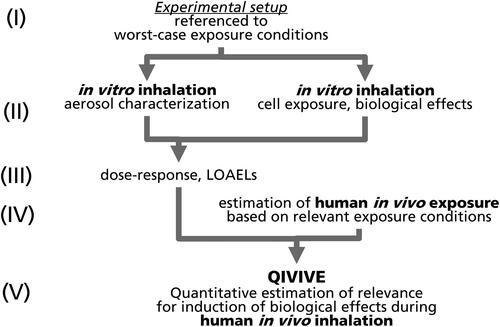 Figure 1. Concept for experimental design, starting from non-target in vitro inhalation exposure based on worst-case conditions and aiming at quantitative in vitro to in vivo extrapolation (QIVIVE).