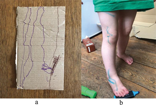Figure 2. (a, b) Immy’s scribbles on card and on her leg (2021), with kind permission of Immy and her parents, in de Rijke (Citation2019).