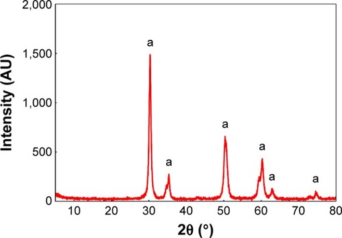 Figure 4 X-ray diffraction pattern of the Fe3+-Mn4+-SO4/ZrO2 sample calcined at 650°C for 5 hours.Note: (a) Tetragonal phase of zirconia.