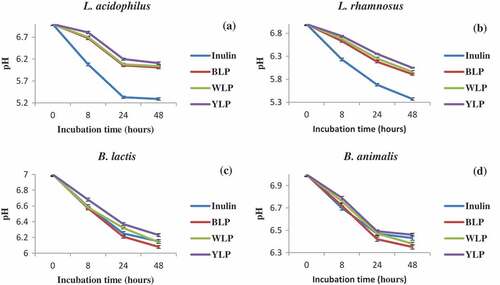 Figure 9. Prebiotic activities of BLP, WLP, and YLP (n = 3, p < 0.04). Positive control was inulin